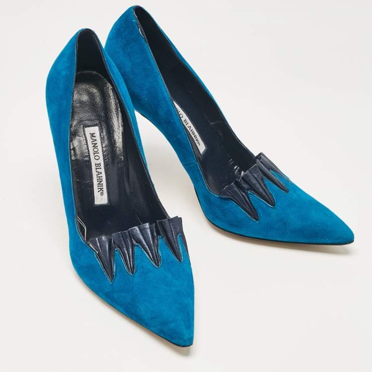 Pre Owned Manolo Blahnik Blue Leather Suede Pointed Toe Pumps Size 39