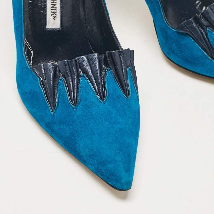 Pre Owned Manolo Blahnik Blue Leather Suede Pointed Toe Pumps Size 39