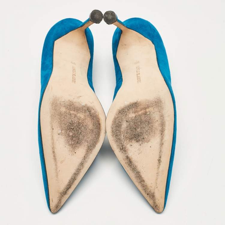 Pre Owned Manolo Blahnik Blue Leather Suede Pointed Toe Pumps Size 39