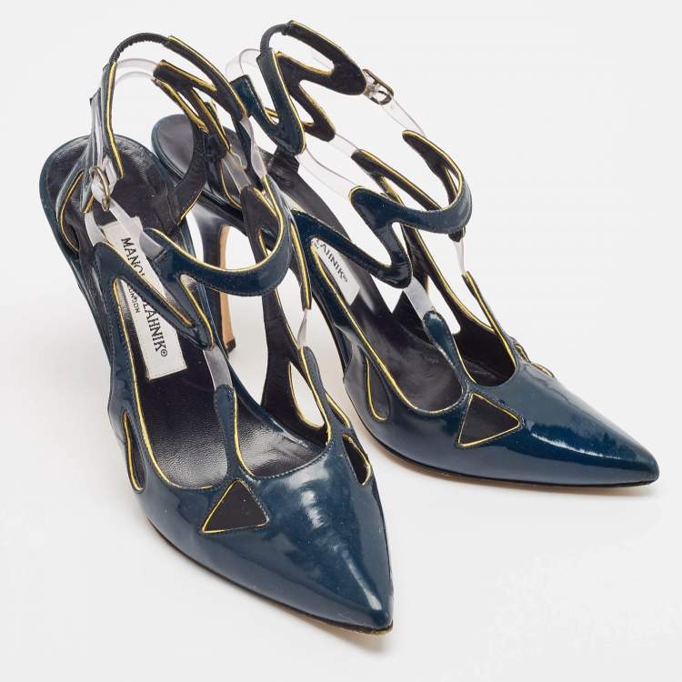 Pre Owned Manolo Blahnik Blue Patent Leather and PVC Pumps Size 37.5