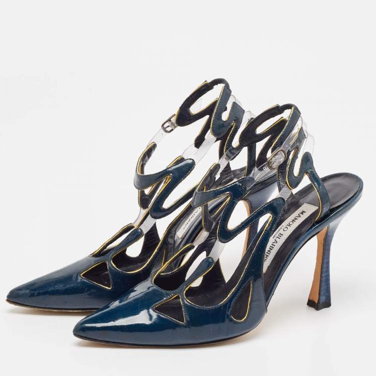 Pre Owned Manolo Blahnik Blue Patent Leather and PVC Pumps Size 37.5