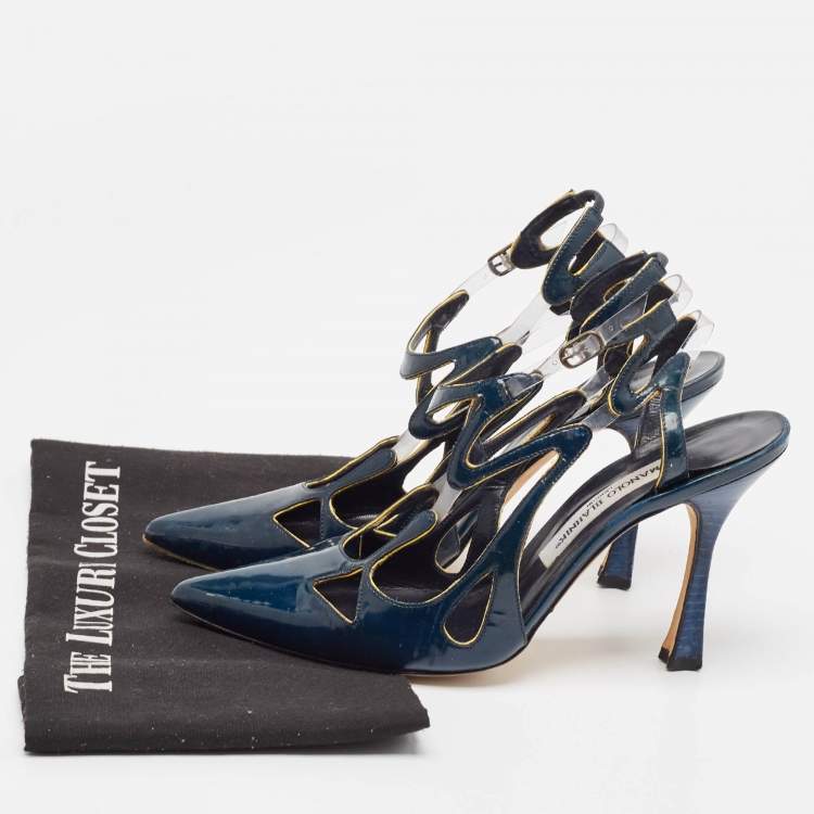 Pre Owned Manolo Blahnik Blue Patent Leather and PVC Pumps Size 37.5