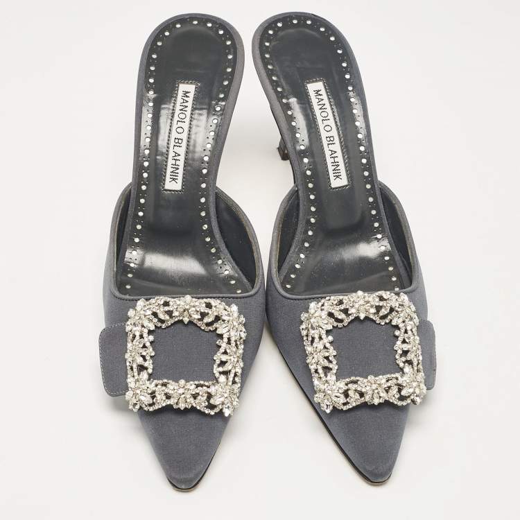 Pre Owned Manolo Blahnik Grey Fabric Maysale Mules Size 38.5