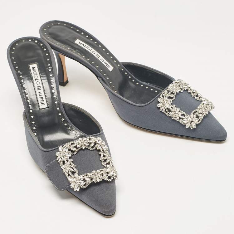 Pre Owned Manolo Blahnik Grey Fabric Maysale Mules Size 38.5