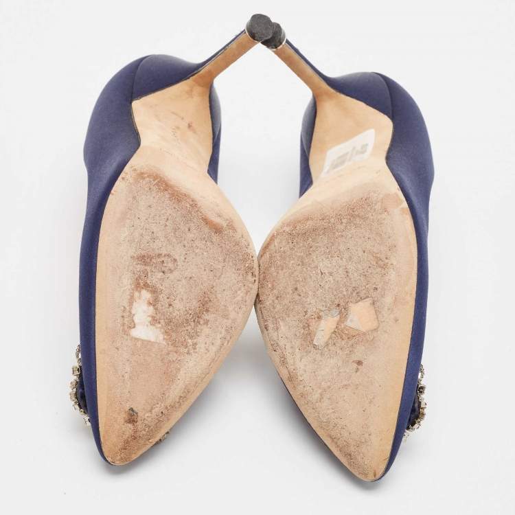 Pre Owned Manolo Blahnik Navy Blue Satin Hangisi Pumps Size 36
