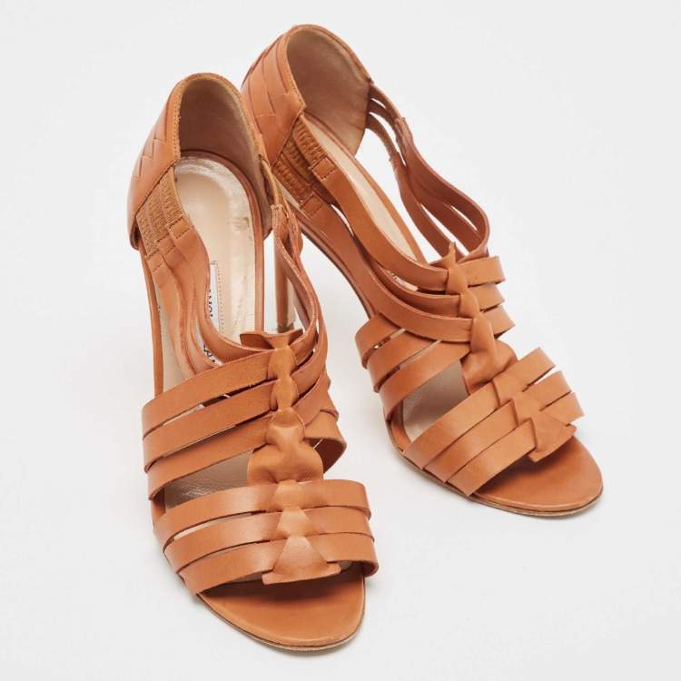 Pre Owned Manolo Blahnik Brown Leather Ankle Strap Sandals Size 38.5