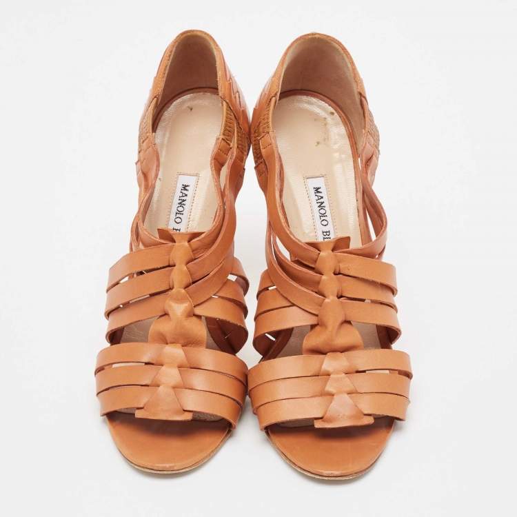 Pre Owned Manolo Blahnik Brown Leather Ankle Strap Sandals Size 38.5