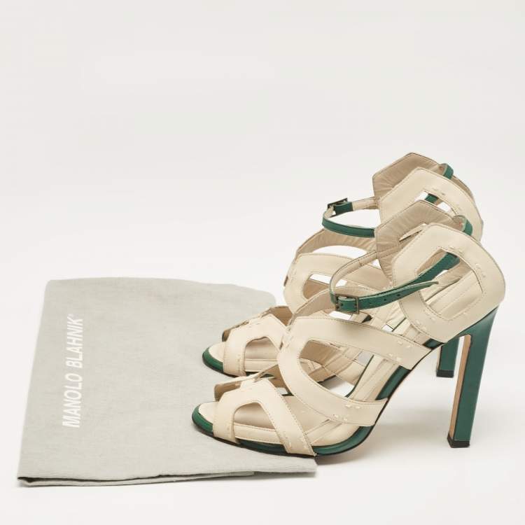 Pre Owned Manolo Blahnik Cream Leather Ankle Strap Sandals Size 37.5
