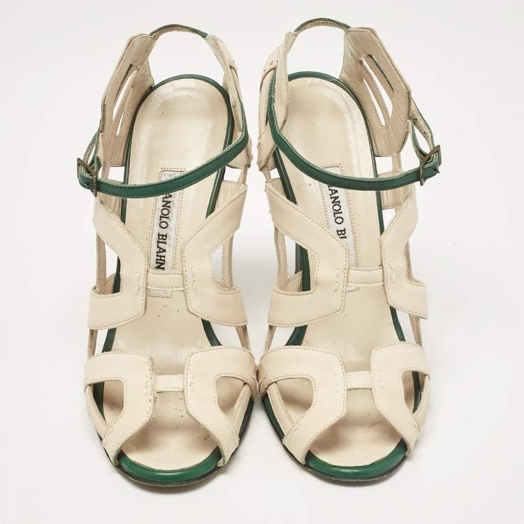 Pre Owned Manolo Blahnik Cream Leather Ankle Strap Sandals Size 37.5
