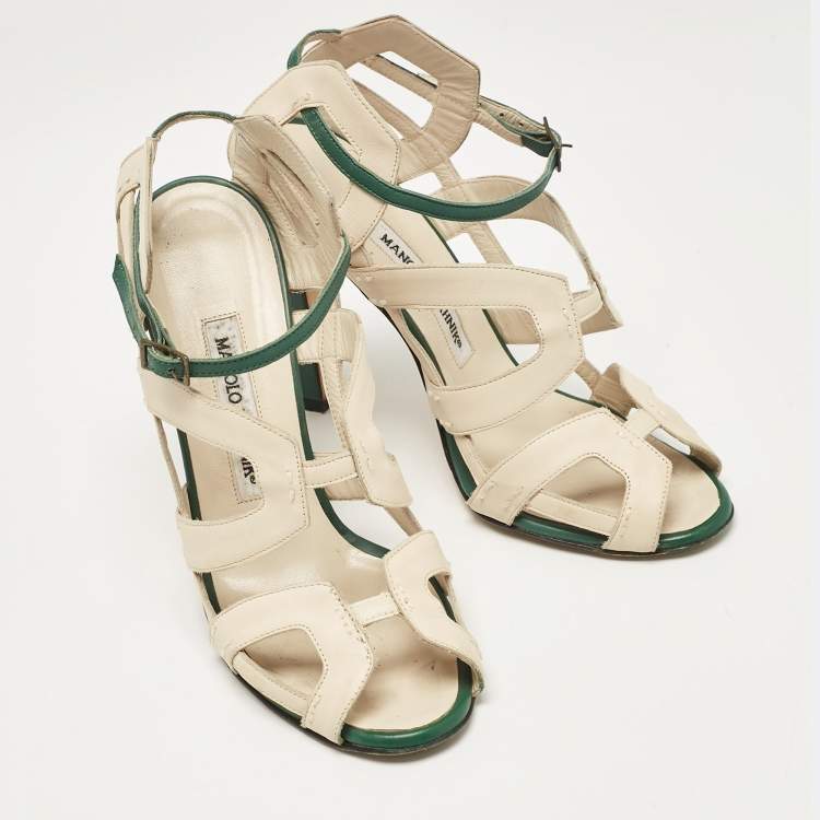 Pre Owned Manolo Blahnik Cream Leather Ankle Strap Sandals Size 37.5