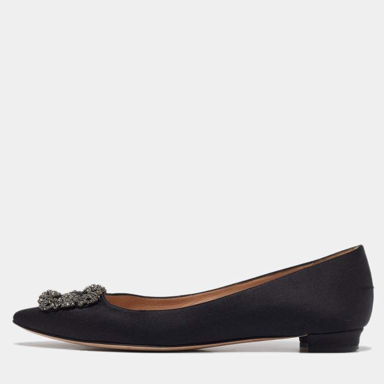 Pre Owned Manolo Blahnik Black Satin Hangisi Ballet Flats Size 41