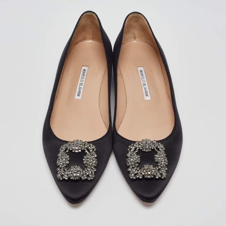 Pre Owned Manolo Blahnik Black Satin Hangisi Ballet Flats Size 41