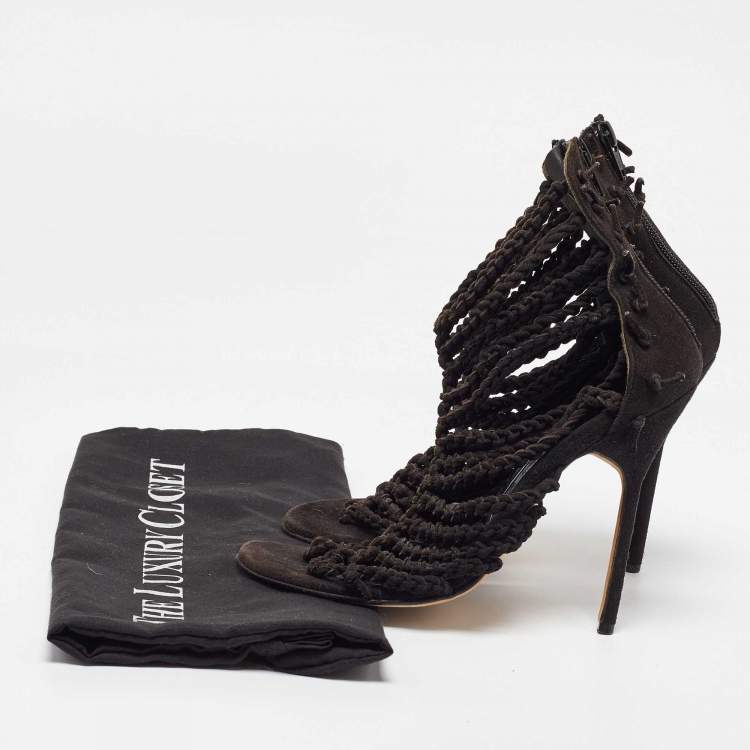 Pre Owned Manolo Blahnik Black Suede Braided Ankle Strap Sandals Size 36.5
