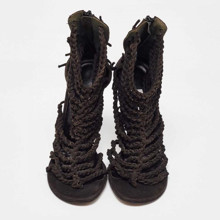 Pre Owned Manolo Blahnik Black Suede Braided Ankle Strap Sandals Size 36.5