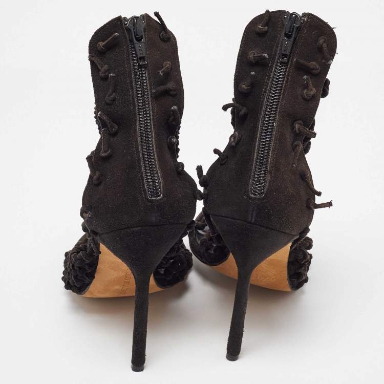 Pre Owned Manolo Blahnik Black Suede Braided Ankle Strap Sandals Size 36.5