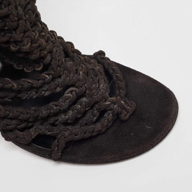 Pre Owned Manolo Blahnik Black Suede Braided Ankle Strap Sandals Size 36.5