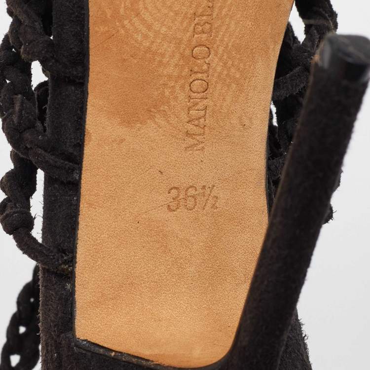 Pre Owned Manolo Blahnik Black Suede Braided Ankle Strap Sandals Size 36.5