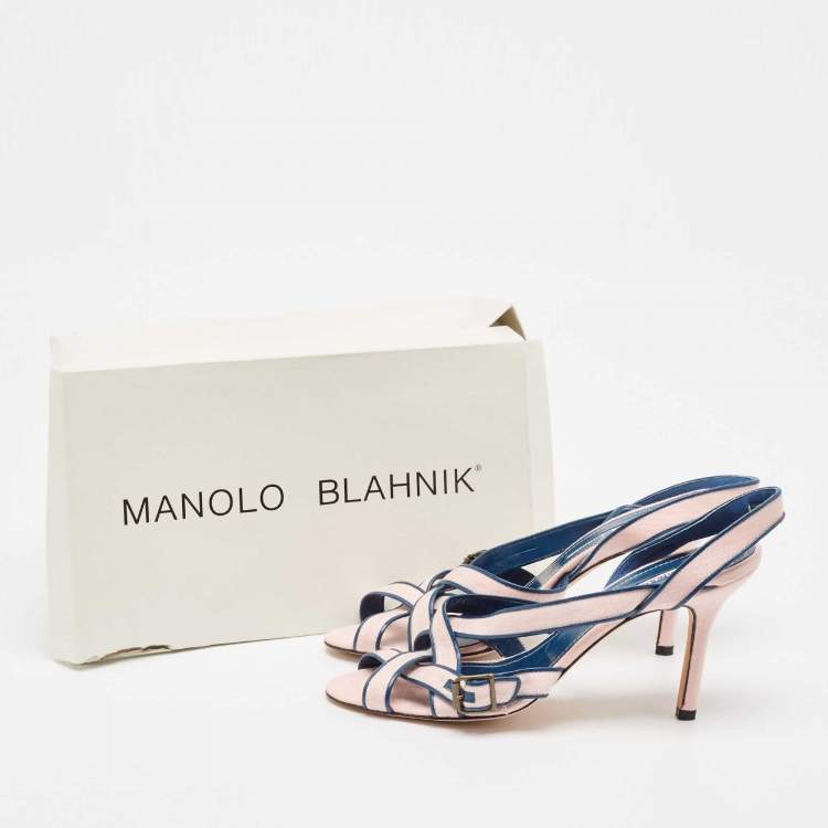 Pre Owned Manolo Blahnik Pink/Blue Canvas and Leather Ankle Strap Sandals Size 39