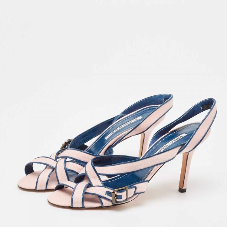 Pre Owned Manolo Blahnik Pink/Blue Canvas and Leather Ankle Strap Sandals Size 39