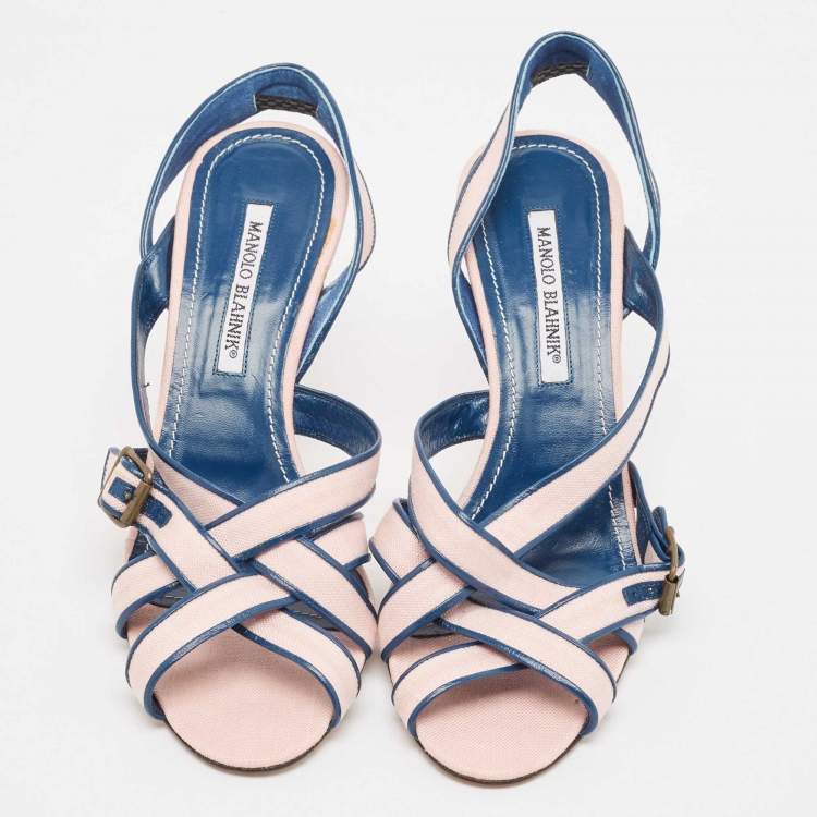 Pre Owned Manolo Blahnik Pink/Blue Canvas and Leather Ankle Strap Sandals Size 39