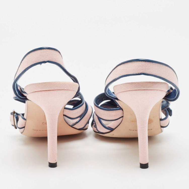 Pre Owned Manolo Blahnik Pink/Blue Canvas and Leather Ankle Strap Sandals Size 39