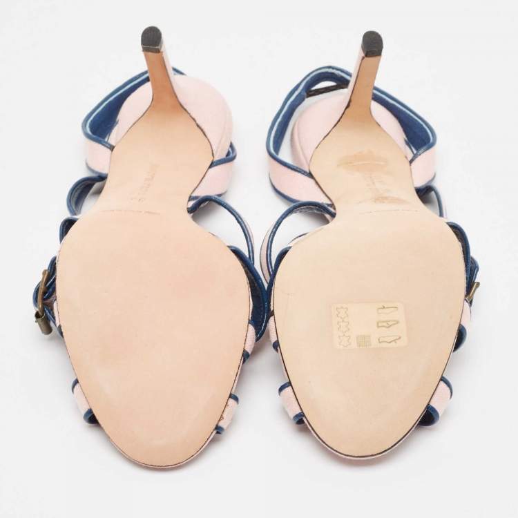 Pre Owned Manolo Blahnik Pink/Blue Canvas and Leather Ankle Strap Sandals Size 39