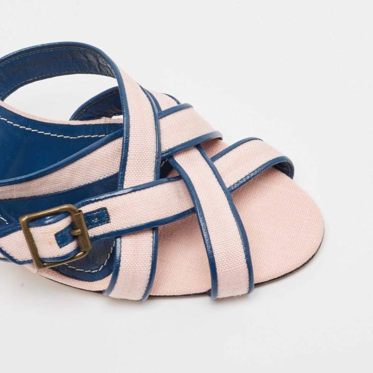 Pre Owned Manolo Blahnik Pink/Blue Canvas and Leather Ankle Strap Sandals Size 39