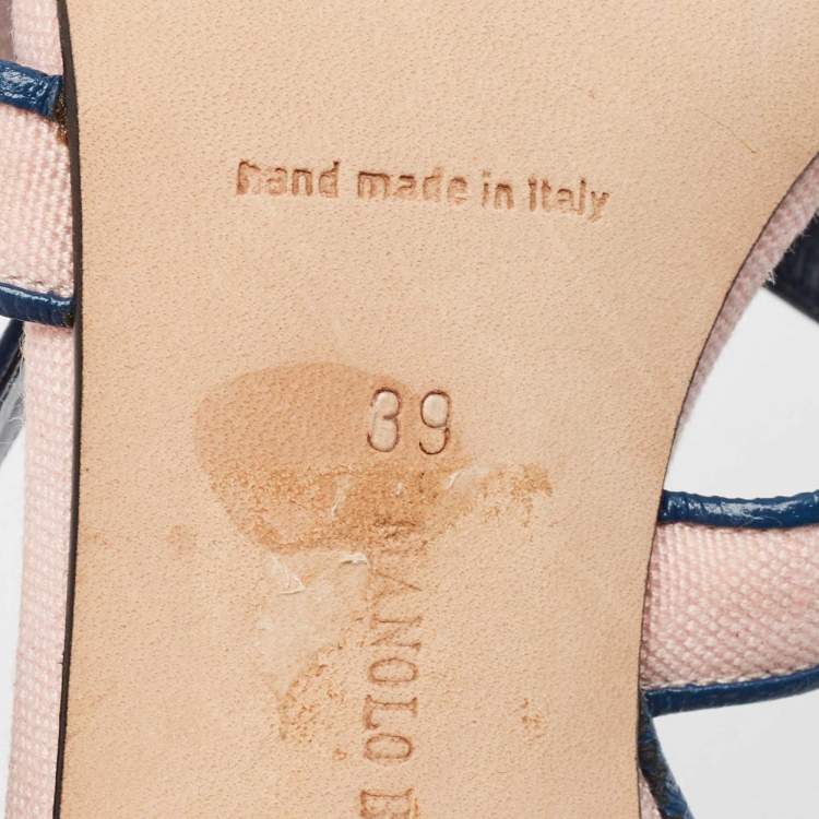 Pre Owned Manolo Blahnik Pink/Blue Canvas and Leather Ankle Strap Sandals Size 39