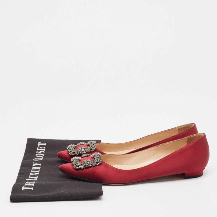 Pre Owned Manolo Blahnik Burgundy Satin Hangisi Ballet Flats 37.5