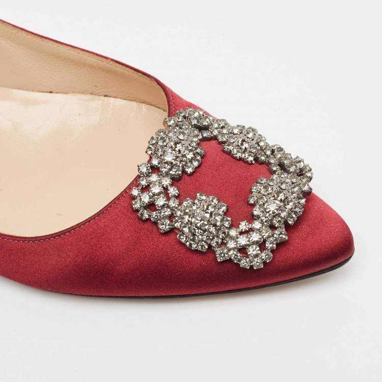 Pre Owned Manolo Blahnik Burgundy Satin Hangisi Ballet Flats 37.5