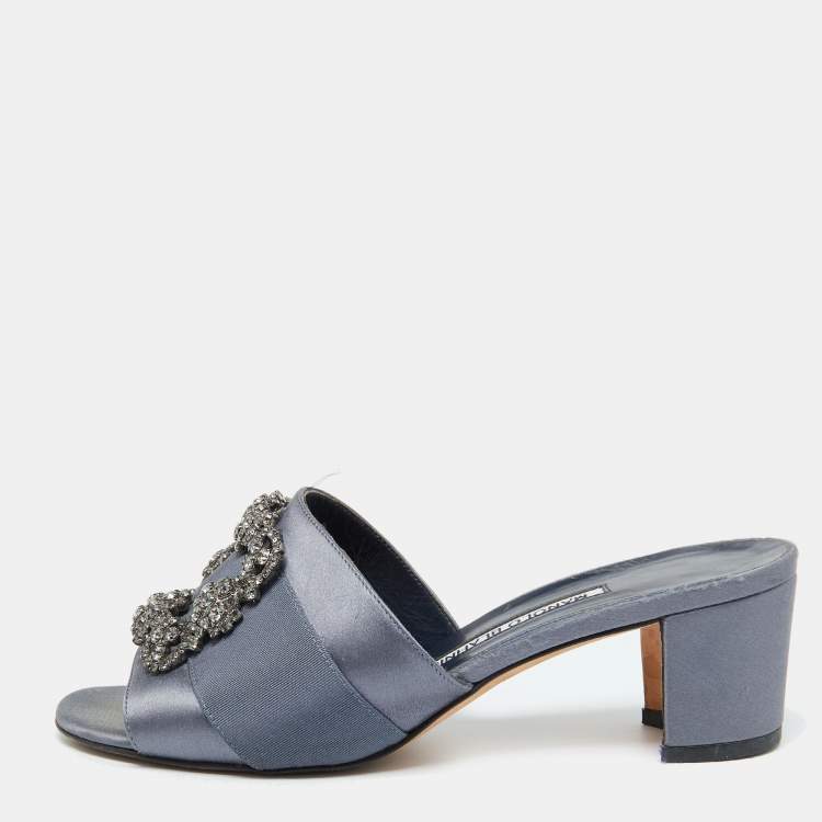 Pre Owned Manolo Blahnik Slate Grey Satin Embellished Martanew Slide Sandals Size 37
