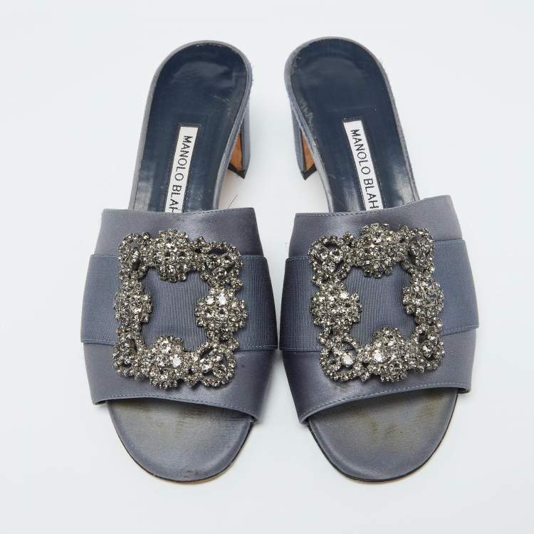 Pre Owned Manolo Blahnik Slate Grey Satin Embellished Martanew Slide Sandals Size 37