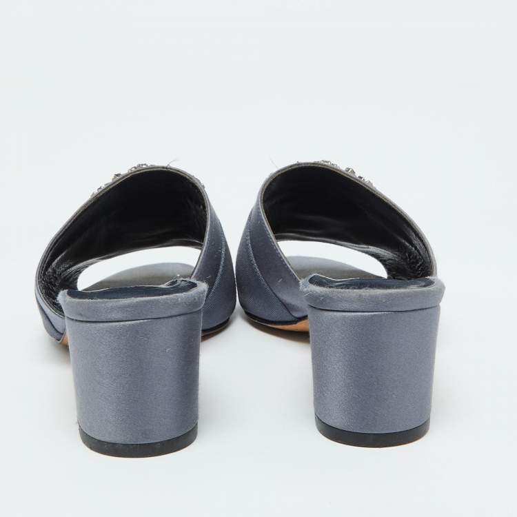 Pre Owned Manolo Blahnik Slate Grey Satin Embellished Martanew Slide Sandals Size 37