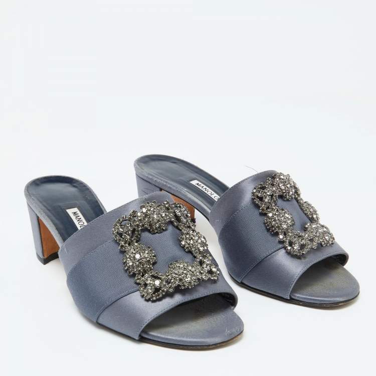 Pre Owned Manolo Blahnik Slate Grey Satin Embellished Martanew Slide Sandals Size 37