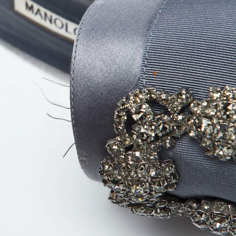 Pre Owned Manolo Blahnik Slate Grey Satin Embellished Martanew Slide Sandals Size 37