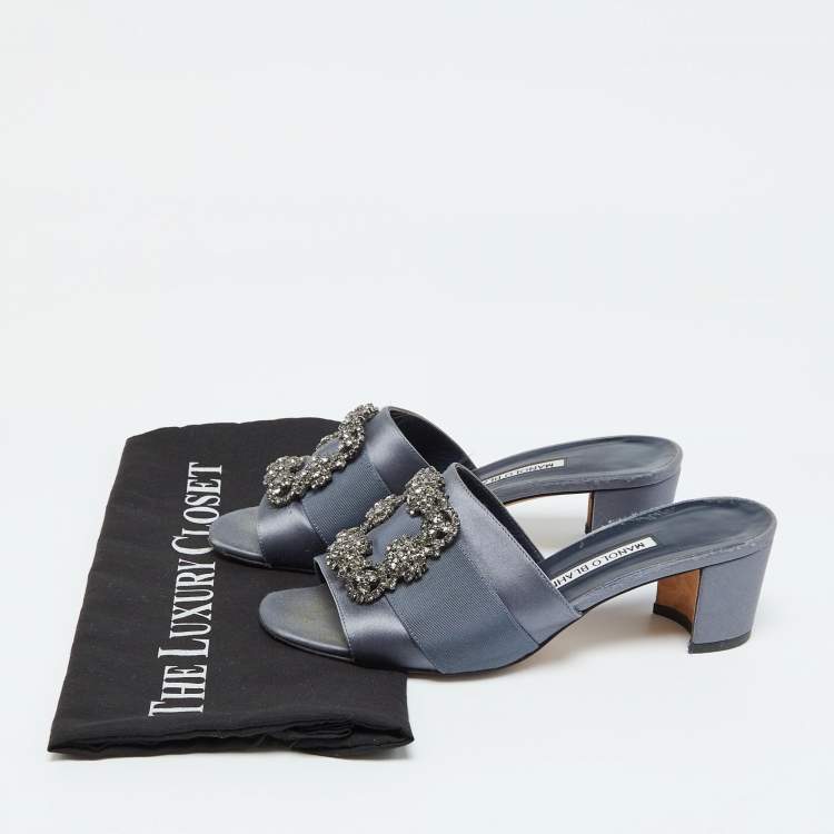 Pre Owned Manolo Blahnik Slate Grey Satin Embellished Martanew Slide Sandals Size 37