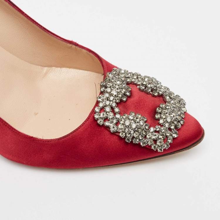 Pre Owned Manolo Blahnik Red Satin Hangisi Pumps Size 37