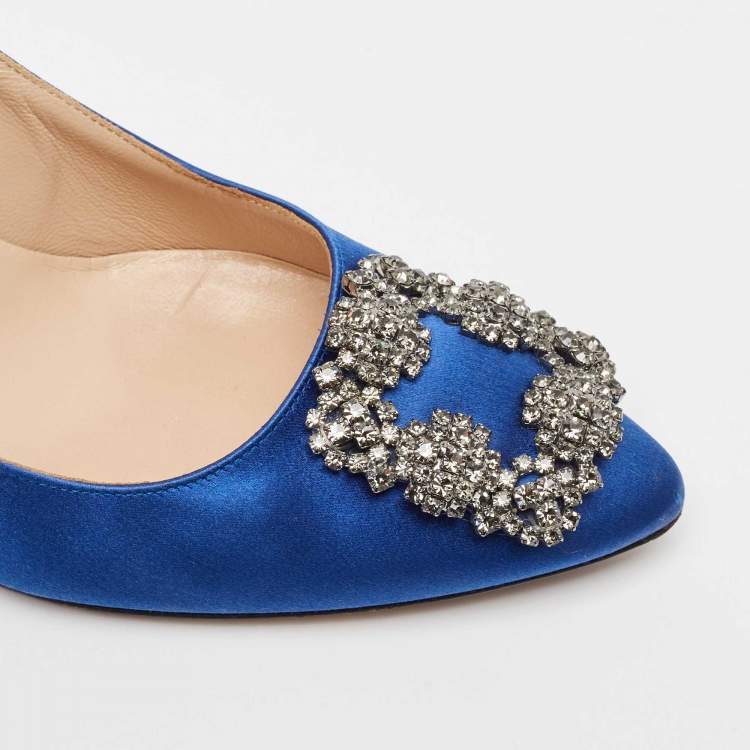 Pre Owned Manolo Blahnik Blue Satin Hangisi Pumps Size 37.5