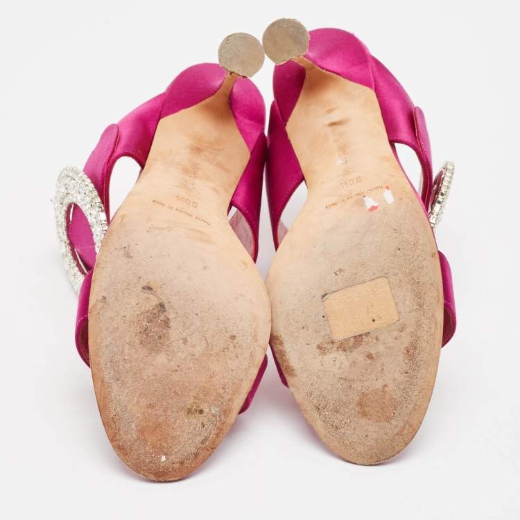 Pre Owned Manolo Blahnik Purple Satin Fibiona Slide Sandals Size 38.5