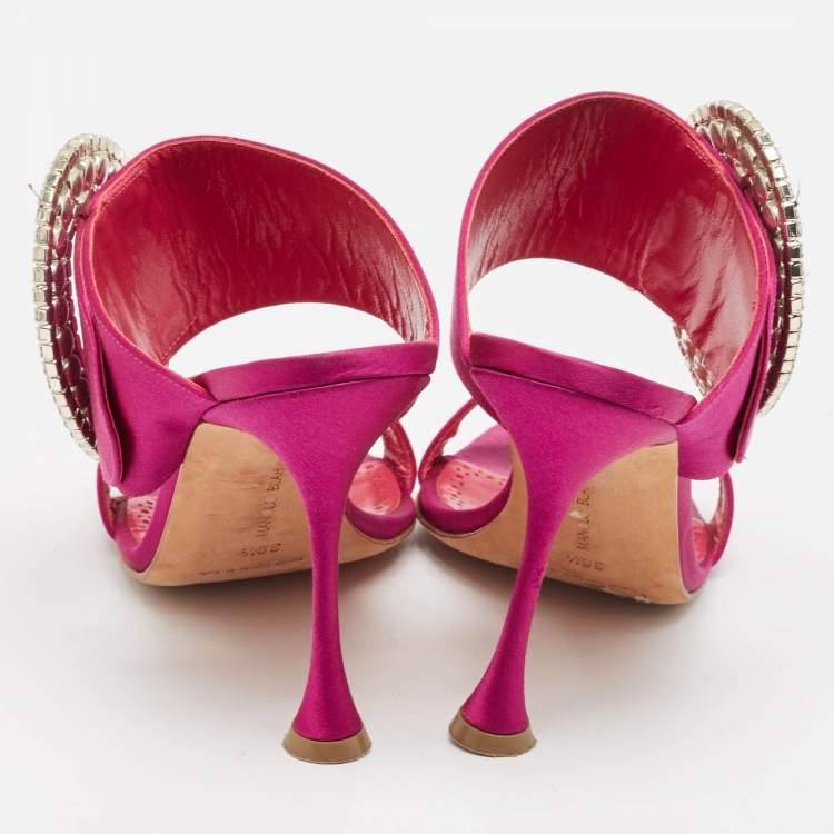 Pre Owned Manolo Blahnik Purple Satin Fibiona Slide Sandals Size 38.5