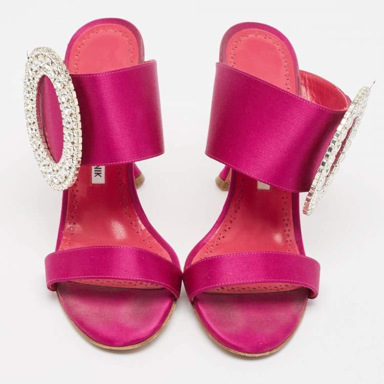 Pre Owned Manolo Blahnik Purple Satin Fibiona Slide Sandals Size 38.5