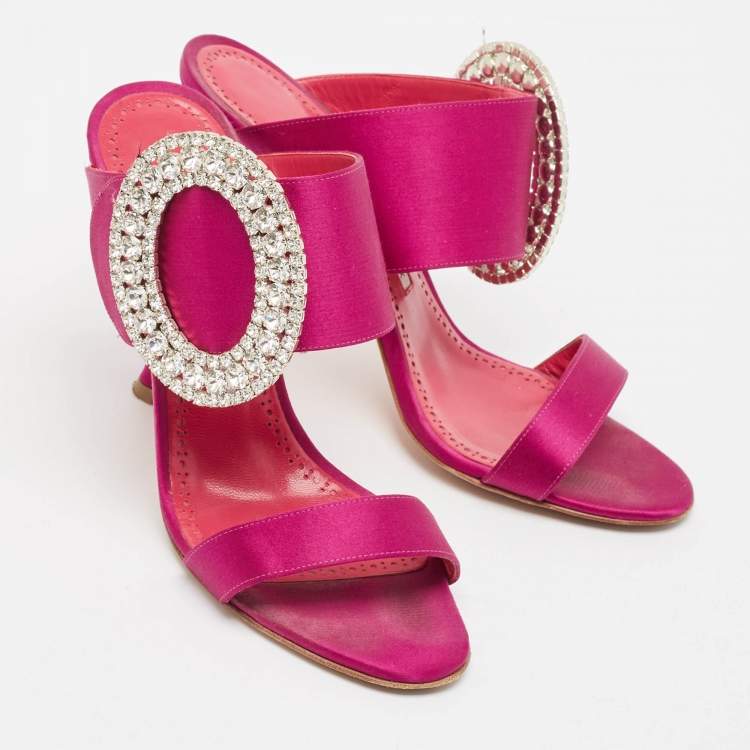 Pre Owned Manolo Blahnik Purple Satin Fibiona Slide Sandals Size 38.5