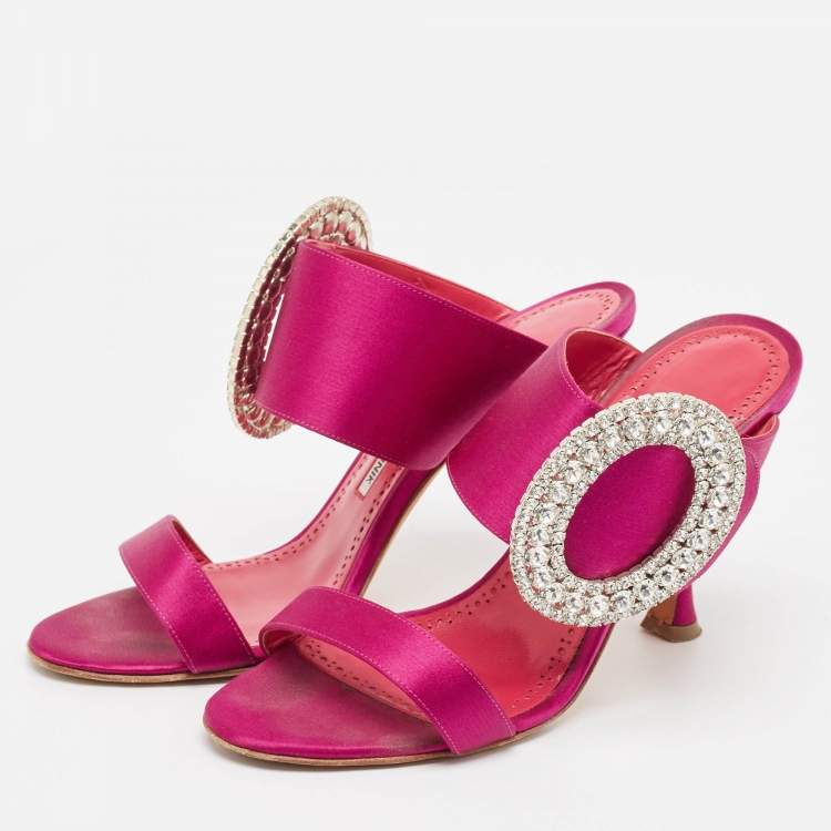 Pre Owned Manolo Blahnik Purple Satin Fibiona Slide Sandals Size 38.5