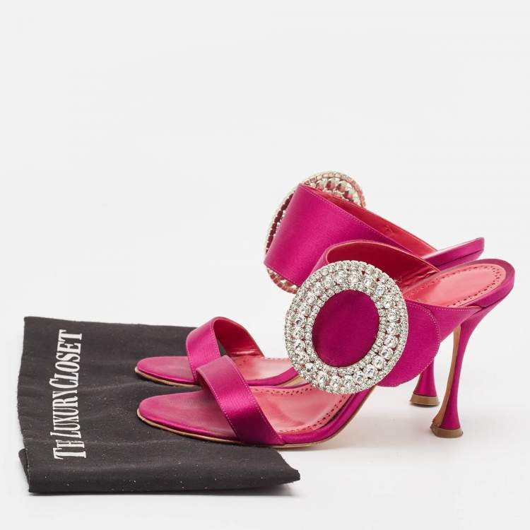 Pre Owned Manolo Blahnik Purple Satin Fibiona Slide Sandals Size 38.5