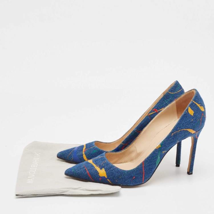 مملوكة مسبقًا Manolo Blahnik Blue Denim Paint Splatter BB Pumps Size 42
