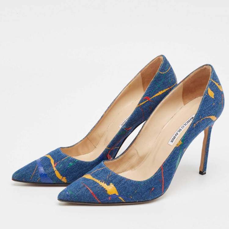 مملوكة مسبقًا Manolo Blahnik Blue Denim Paint Splatter BB Pumps Size 42