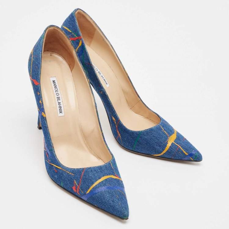 مملوكة مسبقًا Manolo Blahnik Blue Denim Paint Splatter BB Pumps Size 42