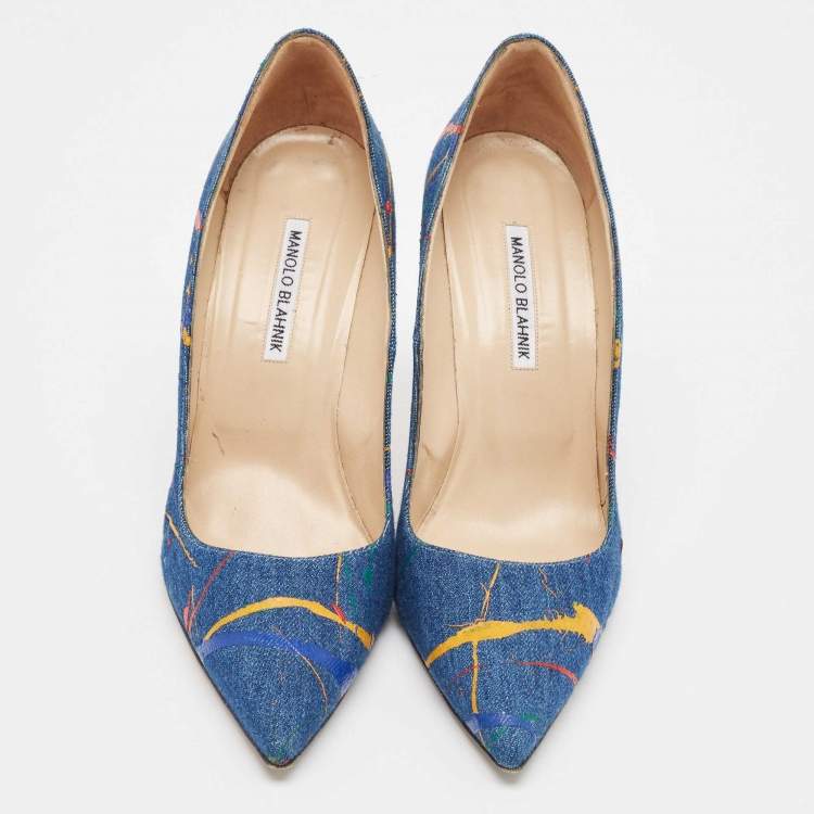مملوكة مسبقًا Manolo Blahnik Blue Denim Paint Splatter BB Pumps Size 42