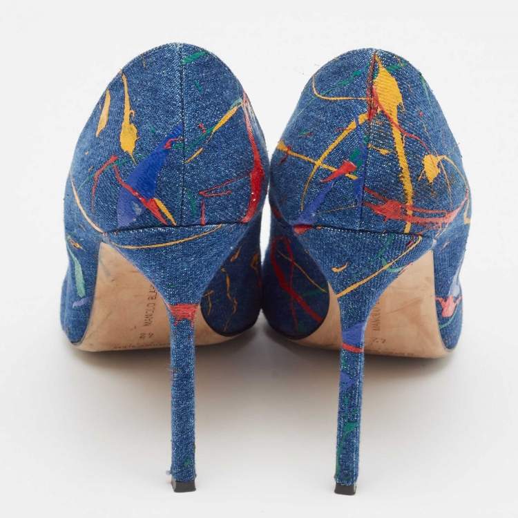 مملوكة مسبقًا Manolo Blahnik Blue Denim Paint Splatter BB Pumps Size 42