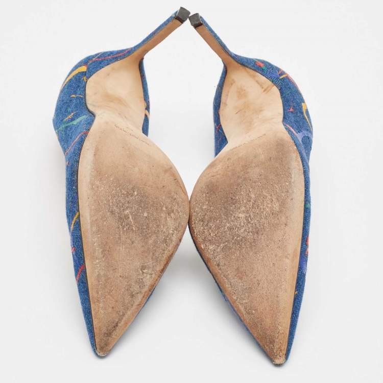 مملوكة مسبقًا Manolo Blahnik Blue Denim Paint Splatter BB Pumps Size 42